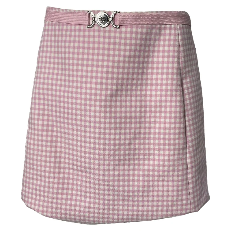 Women's Work Outfit For The Office Versace Medusa Biggie Gingham Mini Skirt in Pink Wool