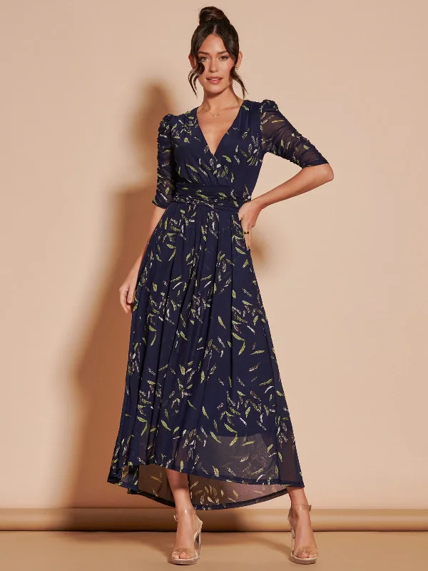 Affordable Luxury Women's Apparel Dasha Ruched Sleeved Mesh Maxi Dress, Navy Leafy