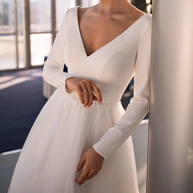 Women's Elegant Evening Attire FashionSierra - Autumn Winter V Neck White Long Sleeve A Line Prom Dresses