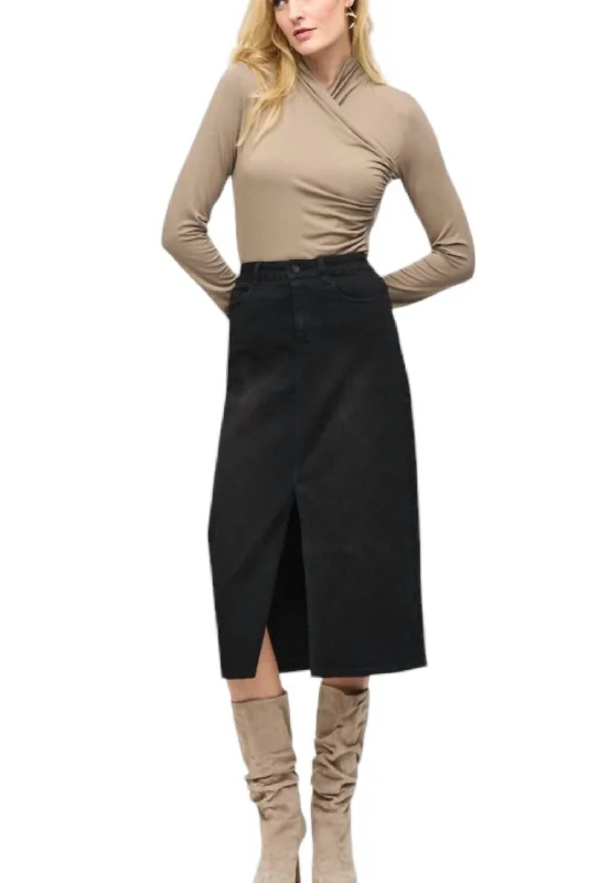 Women's Chic Outerwear Attire Denim Front Slit Midi Skirt In Black