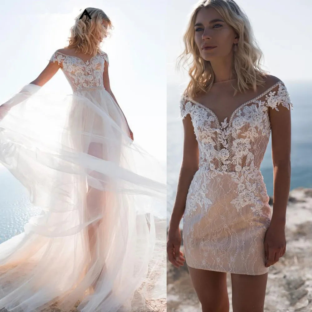 Comfortable Lounge Clothing Beach Short Wedding Dresses 2 Pieces Detachable Train Beading Appliques Lace Bridal Gown Customize Cap Sleeve