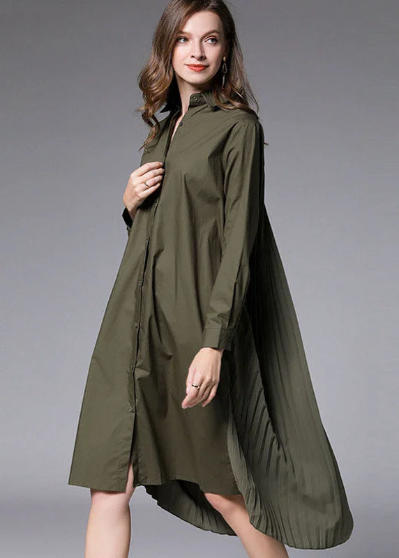 Vintage-Inspired Women's Clothes Army Green wrinkled Cotton Vacation shirts Dresses Peter Pan Collar Spring