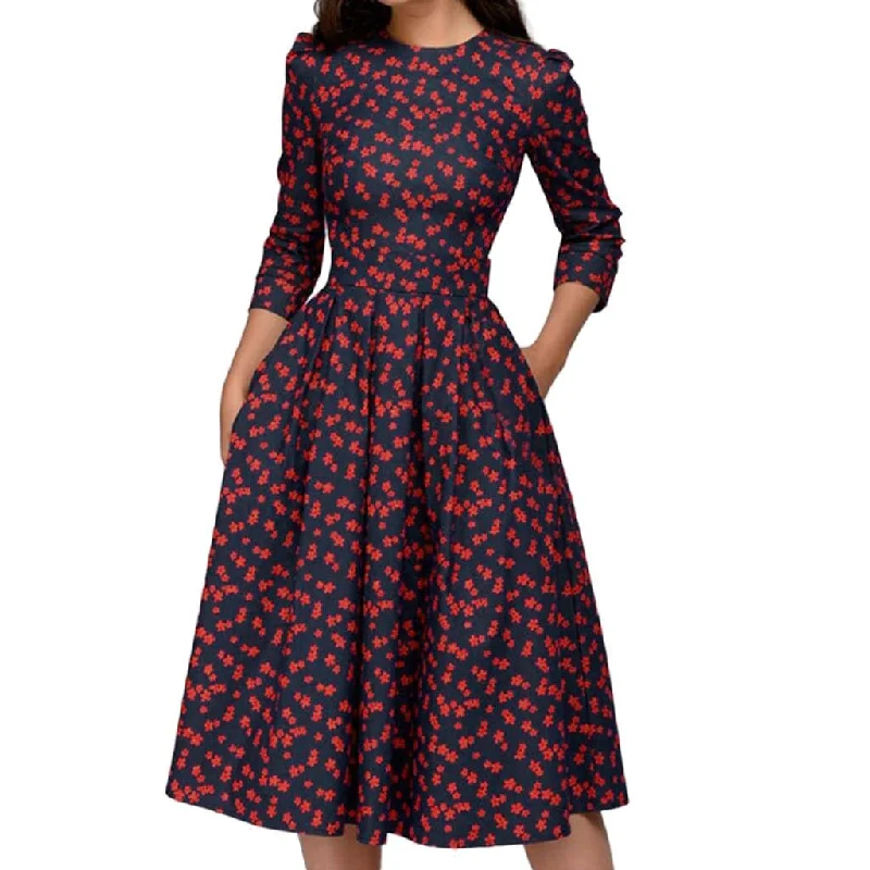 Casual Outfit For Women DressBetty - Vintage Print Midi Evening Sleeves A-Line O-Neck Dress