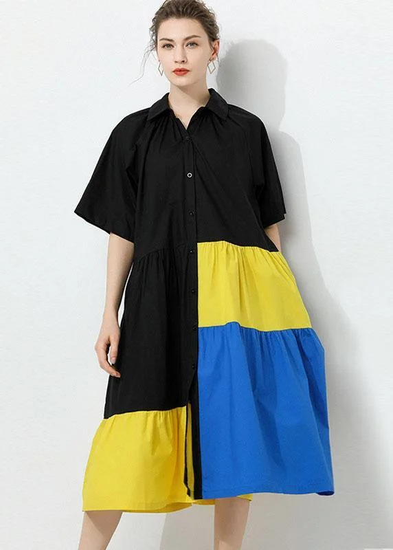 Women's Holiday Outfit Art Black Patchwork PeterPan Collar Button Summer Cotton Dress Half Sleeve