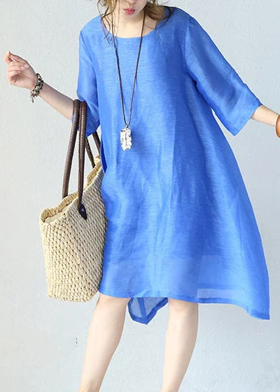 Timeless Women's Clothing stylish blue natural silk dress Loose fitting silk clothing dress 2018 o neck half sleeve cotton clothing