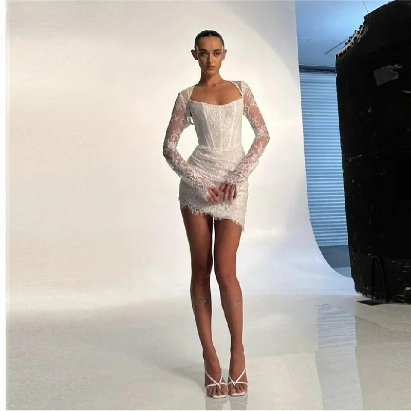 Women's Weekend Outfit Sexy Full Lace Short Wedding Dresses With Jacket Long Sleeves Boning Mini Bridal Gowns Robe de mariage Party Dress