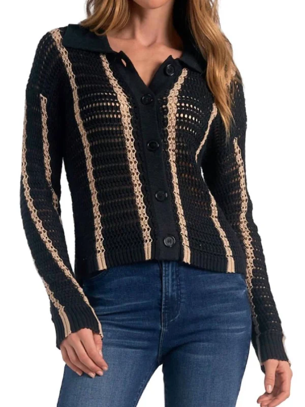 Vintage-Inspired Women's Clothes Striped Button Front Sweater In Black