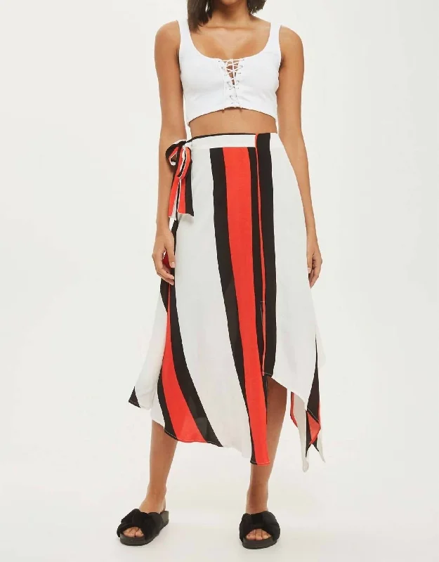 Women's Elegant Garments Striped Tie Waist Asymmetrical Midi Skirt In Multicolor