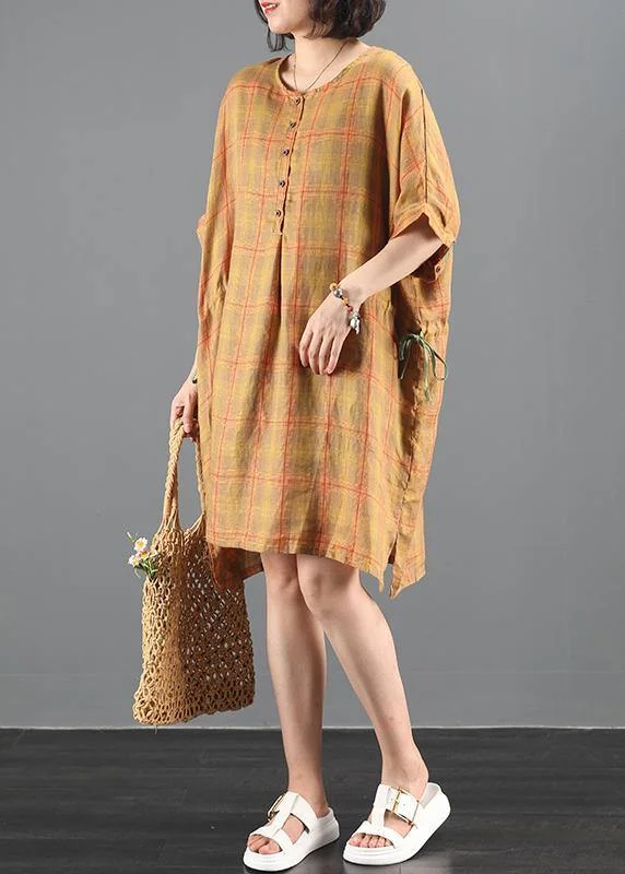 Casual Apparel For Women Loose orange plaid dresses o neck drawstring Knee summer Dress