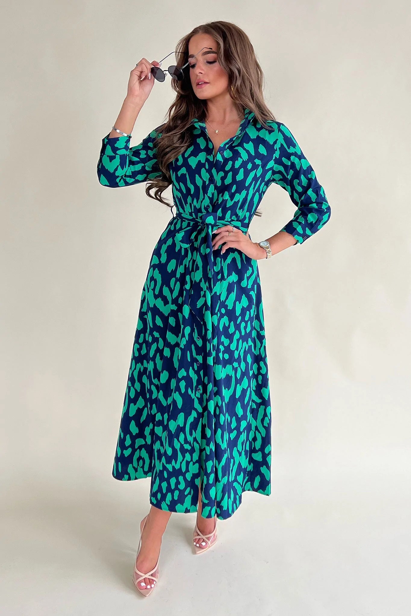 Luxury Women's Clothes Breanna Navy Green Print Shirt Pocket Maxi Dress