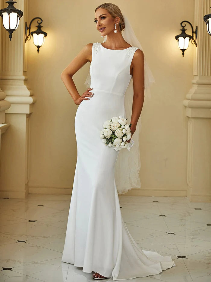 Casual Garments For Women Bodycon Sleeveless High Neck Low Back Fishtail Wedding Dress