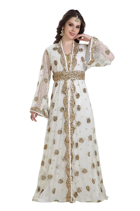 Women's Comfortable Lounge Attire Golden Beaded Arabian Caftan Dress