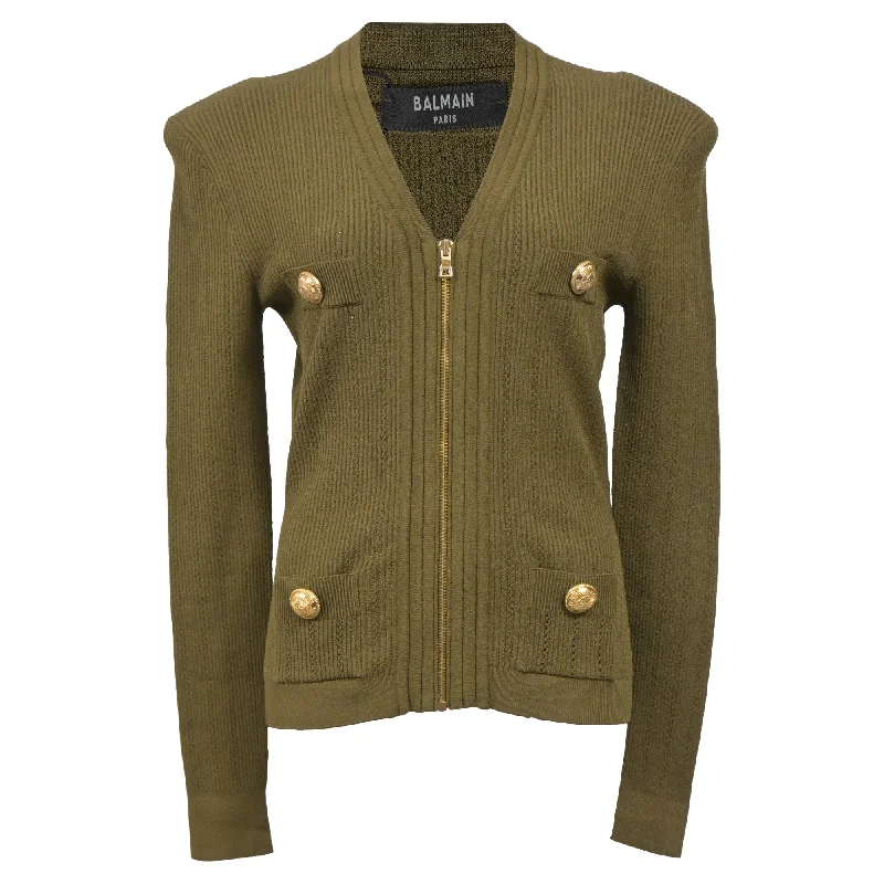 Women's Casual Clothing For Lounging Balmain Zip Cardigan in Olive Green Wool