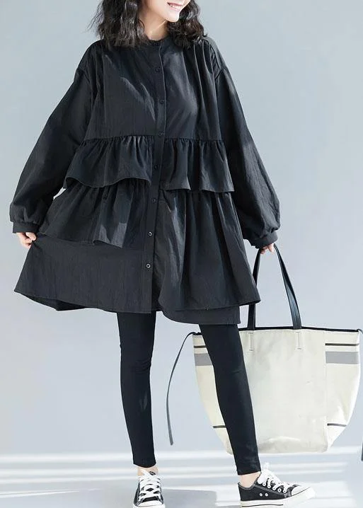 Women's Travel Garments Loose black Cotton quilting dresses layered ruffles Art shirt Dress