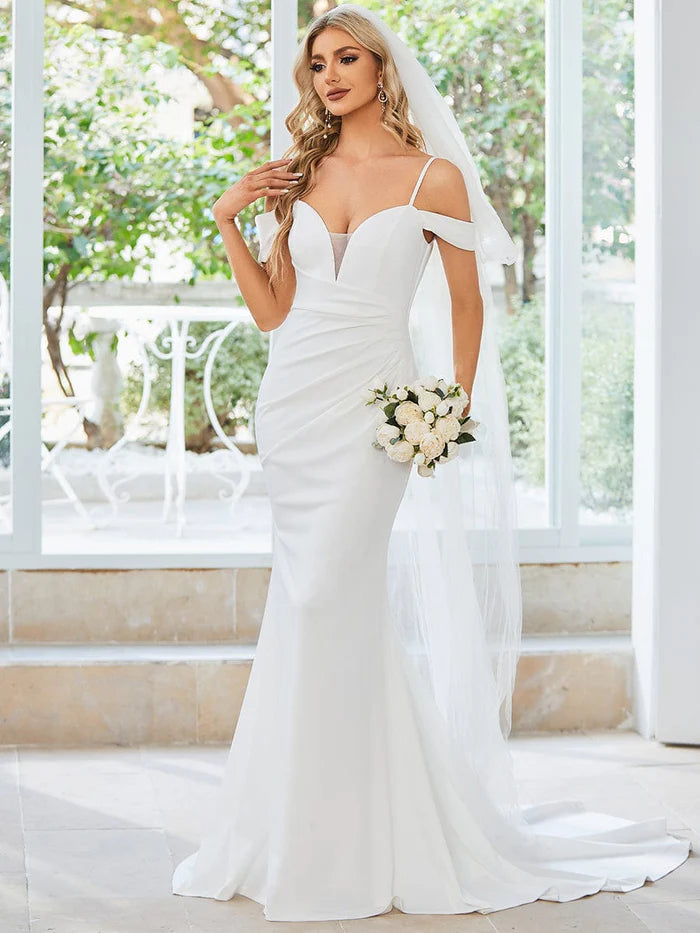 Stylish Women's Attire Spaghetti Strap Mermaid Pleated Deep V-Neck Wedding Dress