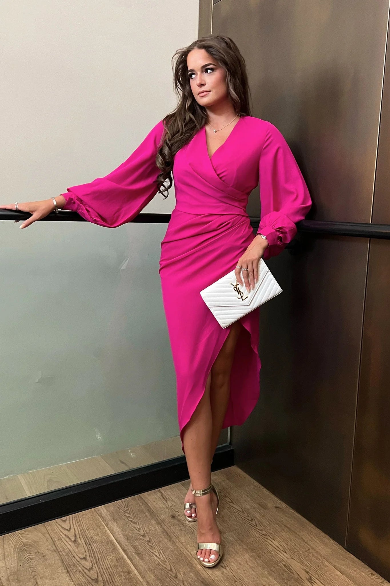 Casual Apparel For Women Alexa Magenta Pink Asymmetric Long Sleeve Dress