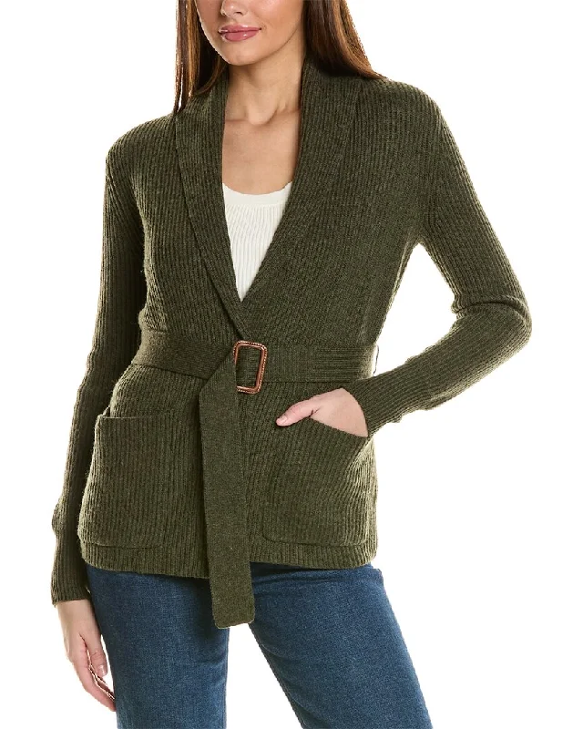 Women's Timeless Attire Bruno Magli Ribbed Belted Shawl Wool Cardigan