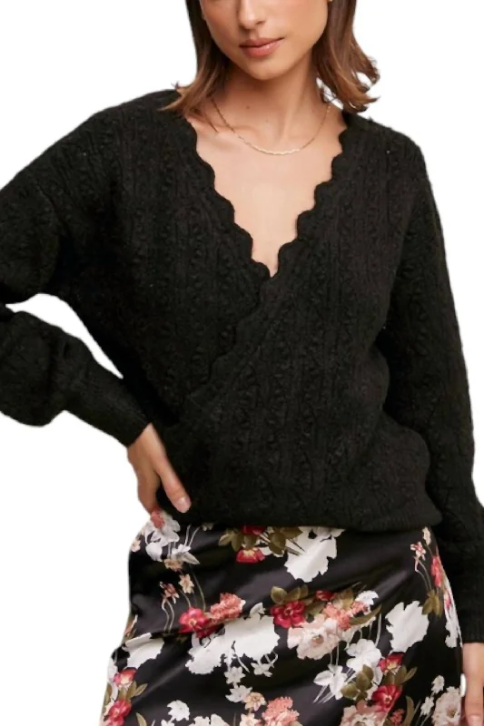 Fashionable Women's Casual Apparel Paige Pointelle Knit Wrap Style Sweater In Black