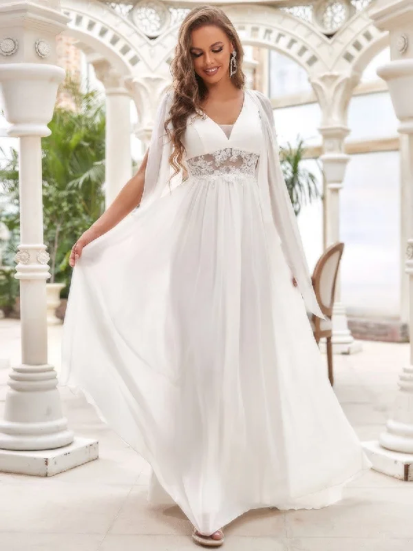 Women's Travel Attire Illusion Lace V-Neck Cape Sleeves A-Line Wedding Dress