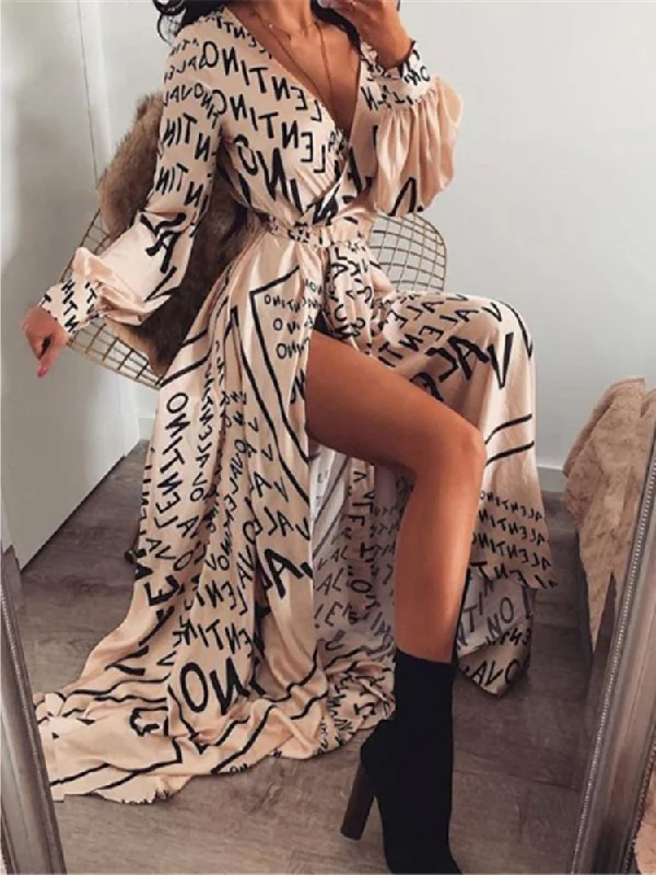 Women's Plus-Size Garments FashionSierra - Boho Printed Floral Long Maxi Dress Women Female Casual Loose Ankle-Length Empire V-Neck Long Splits Dresses