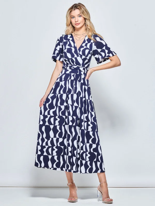 Vintage Clothing For Women Print Angel Sleeve Jersey Maxi Dress, Navy Pattern