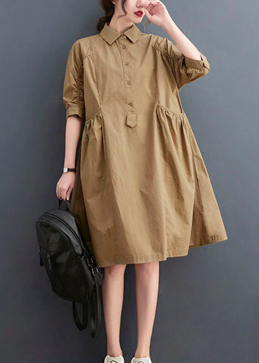 Women's Plus-Size Apparel Fashion Khaki Peter Pan Collar Button Cotton Dresses Half Sleeve