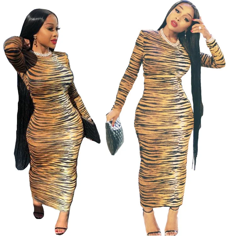 Women's Clothing For Holiday Travel fall clothing for women polyester long sleeve zebra stripe bodycon maxi dress women