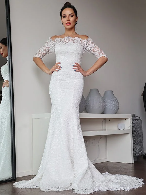 Women's Resort Garments Sheath/Column Lace Ruffles Off-the-Shoulder 1/2 Sleeves Sweep/Brush Train Wedding Dresses