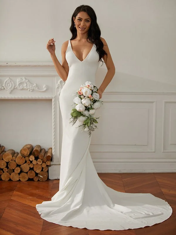 Elegant Clothing For Women Sheath/Column Stretch Crepe V-neck Sleeveless Court Train Wedding Dresses