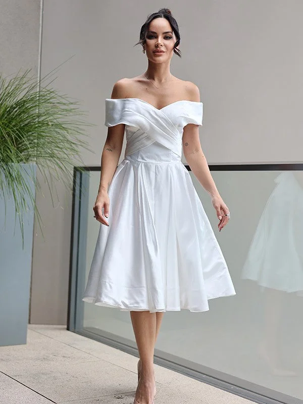 Women's Evening Clothes Princess Satin Ruffles Off-the-Shoulder Sleeveless Length Wedding Dresses