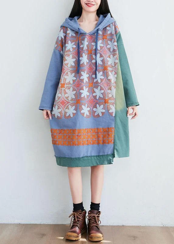 Women's Office Outfit Unique Green Hooded Asymmetrical Design Patchwork Print Fall Pullover Dress