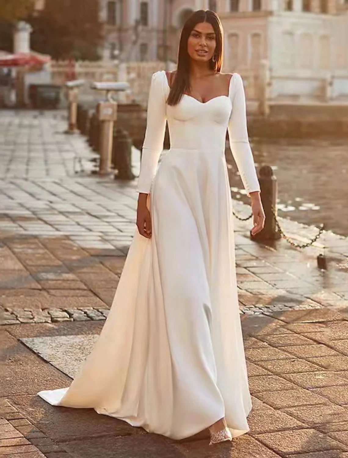 Women's Athletic Clothes Reception Royal Style Casual Wedding Dresses A-Line Sweetheart Long Sleeve Sweep / Brush Train Satin Bridal Gowns With