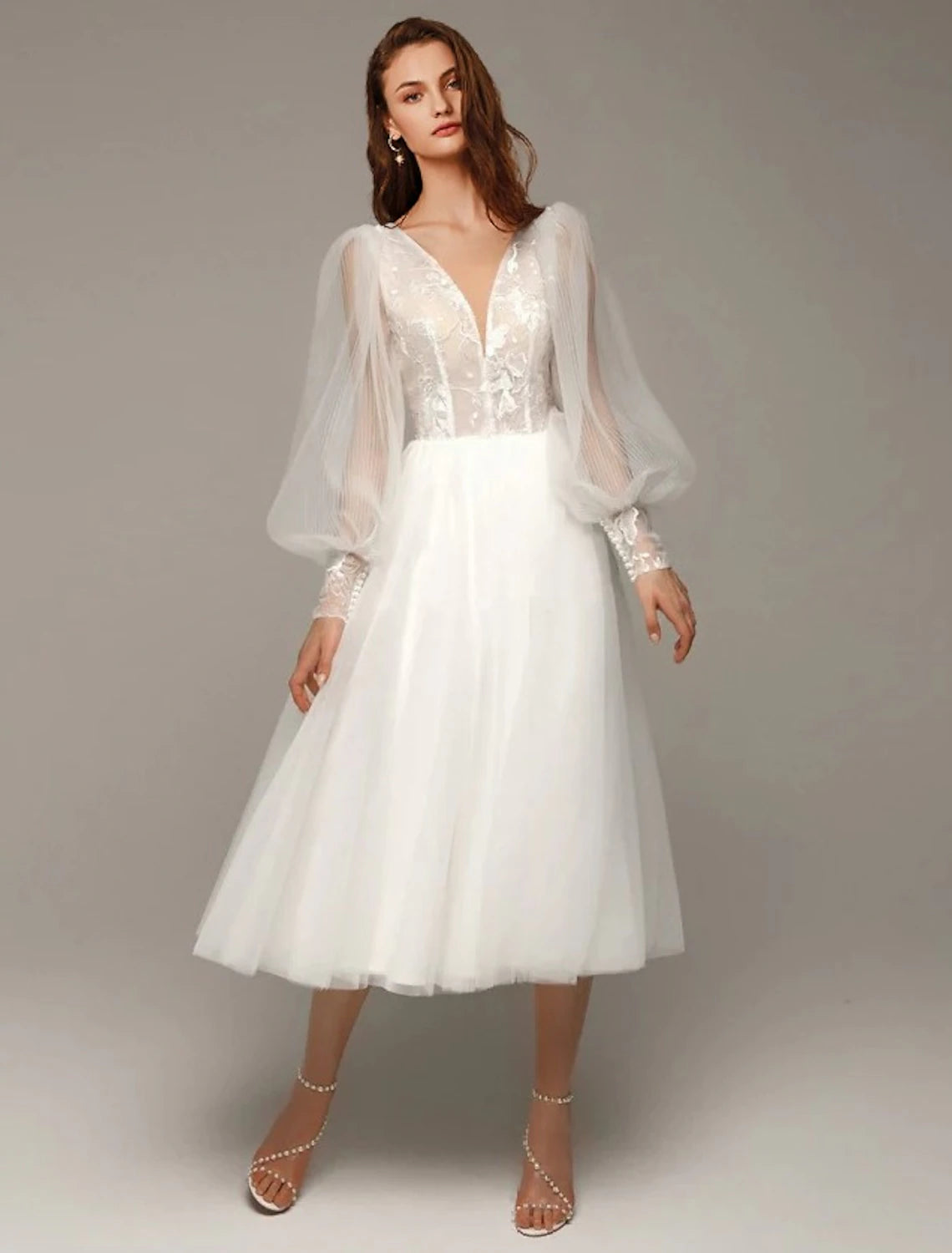 Women's Stylish Professional Apparel Hall Vintage 1940s / 1950s Little White Dresses Wedding Dresses A-Line V Neck Long Sleeve Tea Length Satin Bridal Gowns With Appliques Solid Color