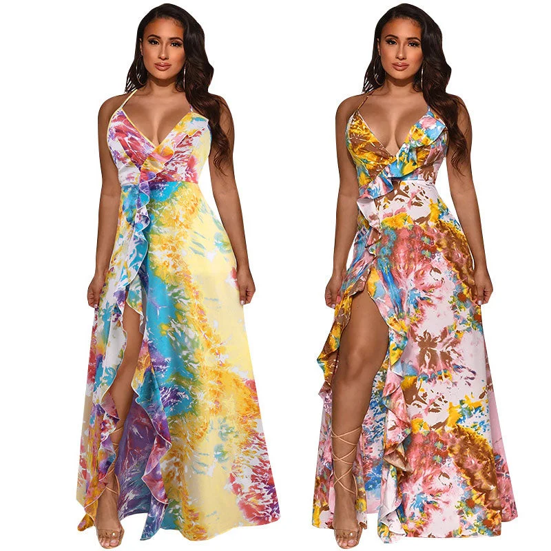 Women's Clothing For Outdoor Events 10425-MX74 beautiful ruffles floral slit maxi casual dresses women sehe fashion