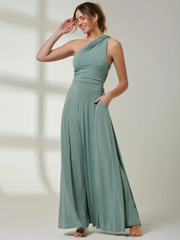 Modern Women's Clothes One Shoulder Jersey Maxi Dress, Green