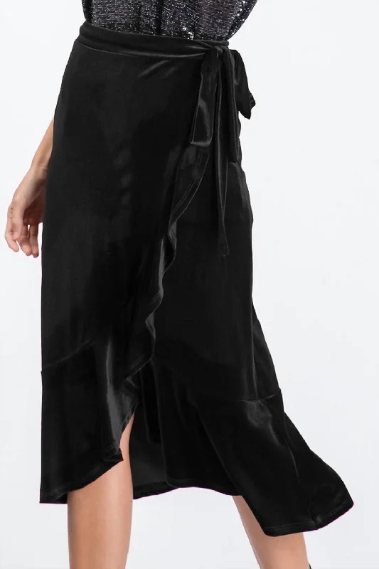 Sustainable Women's Clothing Velvet Ruffled Wrap Midi Skirt In Black