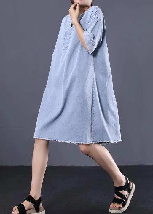 Women's Travel Attire French denim blue Cotton quilting dresses v neck loose summer Dress