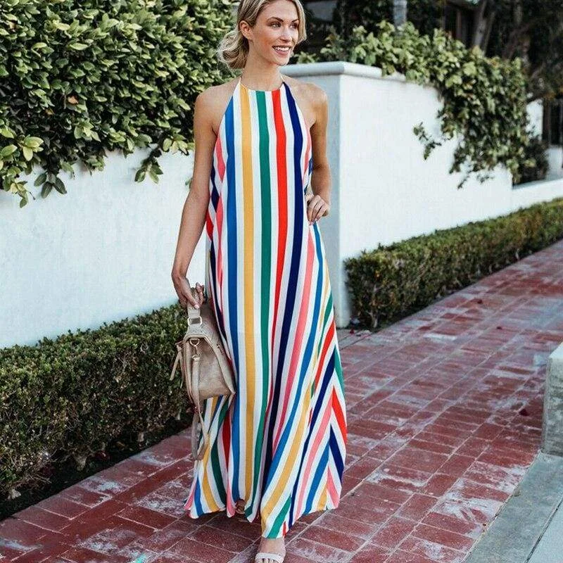 Women's High-Fashion Outfit FashionSierra - HOT Women Sling Backless Dress Summer Sexy Ladies Sleeveless Beach Stripe Evening Party Long Maxi Sundress