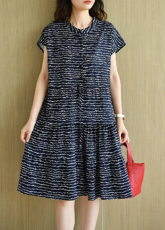 Women's Clothes And Apparel Organic Navy O-Neck Button Print Summer Short Sleeve Dress