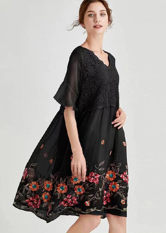 Stylish Women's Clothing Modern Black V Neck Hollow Out Lace Dresses Spring