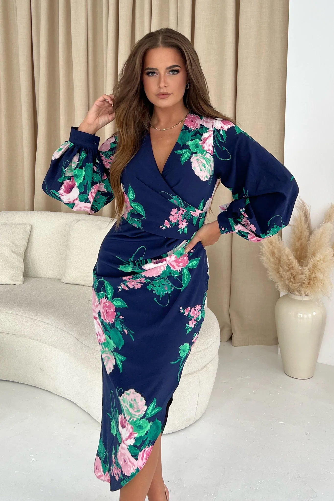 Women's Charming Outfit For Events Alexa Navy Pink Floral Asymmetric Long Sleeve Dress