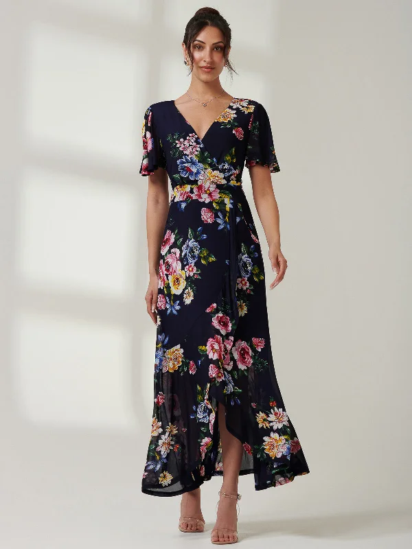 Women's Office Attire Frill Dip Hem Mesh Maxi Dress, Navy Floral