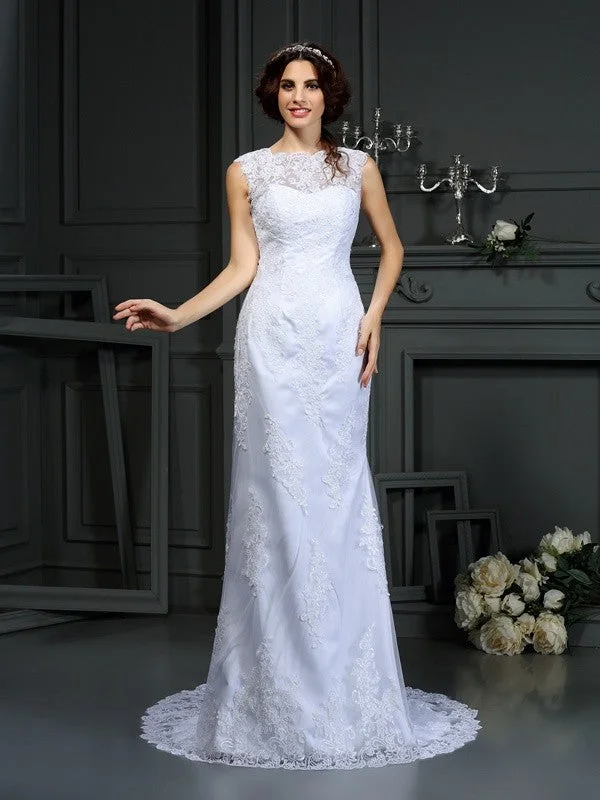 Fashionable Women's Outfit Sheath/Column High Neck Lace Sleeveless Long Lace Wedding Dresses