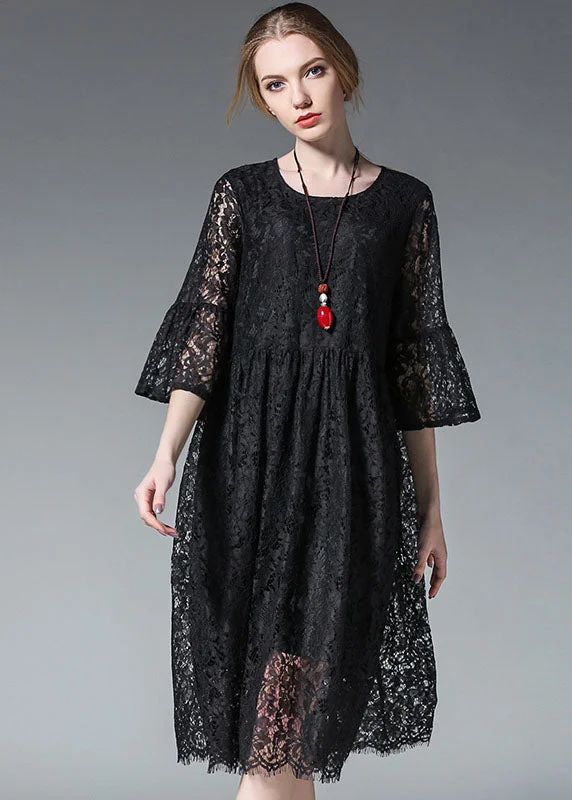 Women's Office Attire Plus Size Women Black Hollow Out Lace Dress Spring