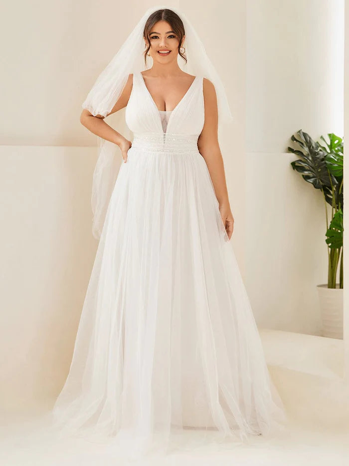 Affordable Luxury Women's Garments Plus Size Empire Waist Sleeveless Lace Sheer A-Line Wedding Dress