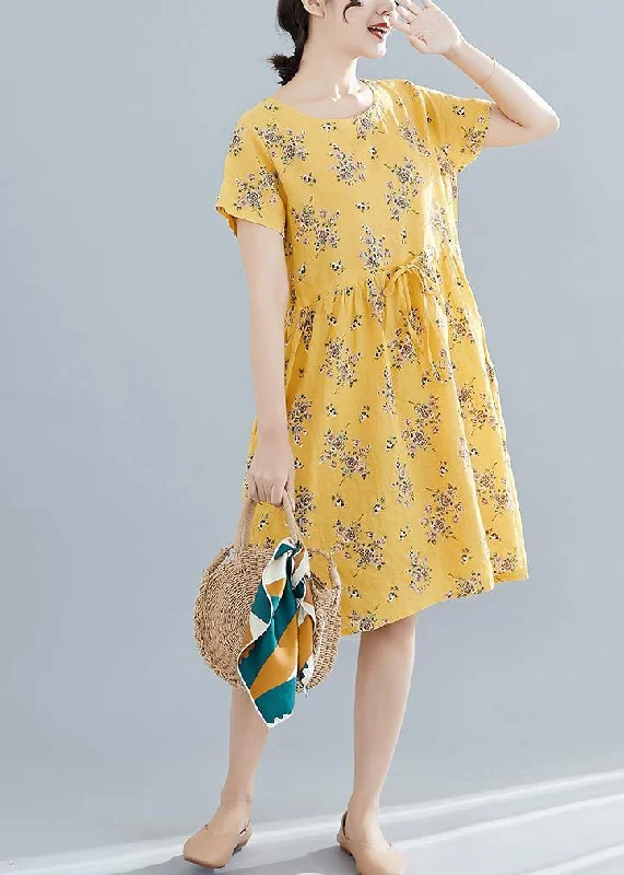 Women's Travel Outfit Set Beautiful yellow print Cotton Tunics o neck drawstring summer Dresses