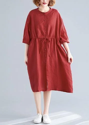 Women's Holiday Clothing DIY o neck drawstring linen cotton quilting dresses red Shirts Dresses fall