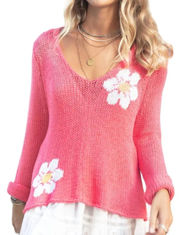 Women's Clothing Daisy V Cotton Sweater In Coral Hibiscus