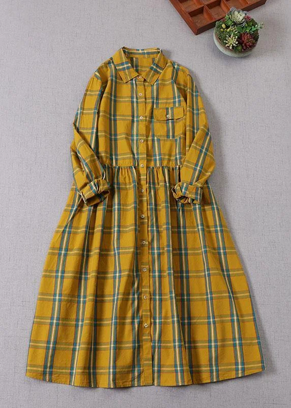 Vintage-Inspired Garments Boho Yellow Green Plaid Pockets ButtonTie Waist Fall Wrinkled Maxi Dress Long Sleeve