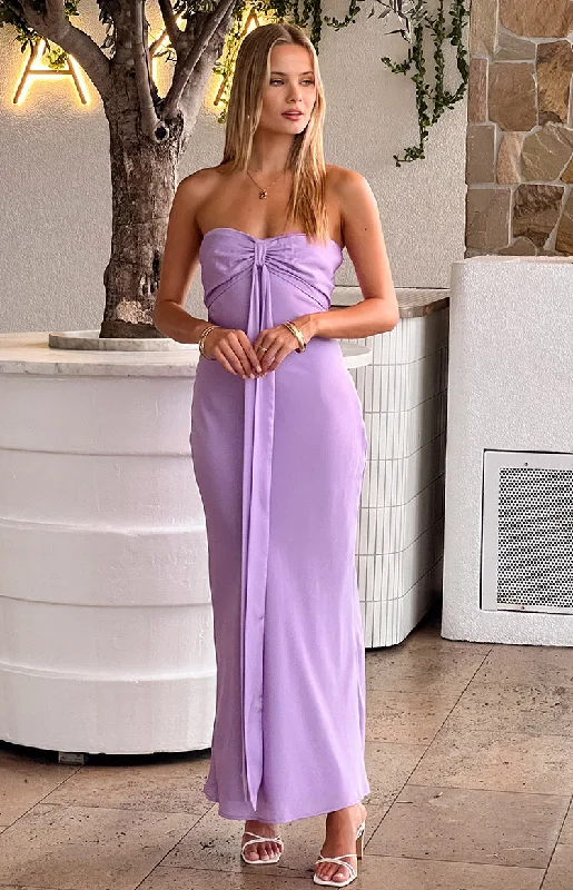 Women's Fashionable Attire For Work Ariella Lilac Satin Strapless Maxi Dress